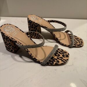Vince Camuto Leopard Block Heel with Rhinestone straps